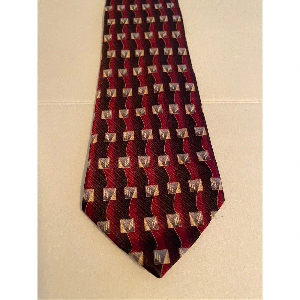 Antonia Collection Mens Silk‎ Tie Burgundy Black Geometric Square Pattern Hand